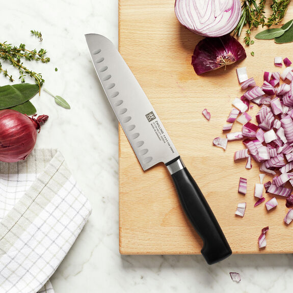 Zwilling Four Star Carbon Steel Hollow Edge Santoku Knife, 7-Inches