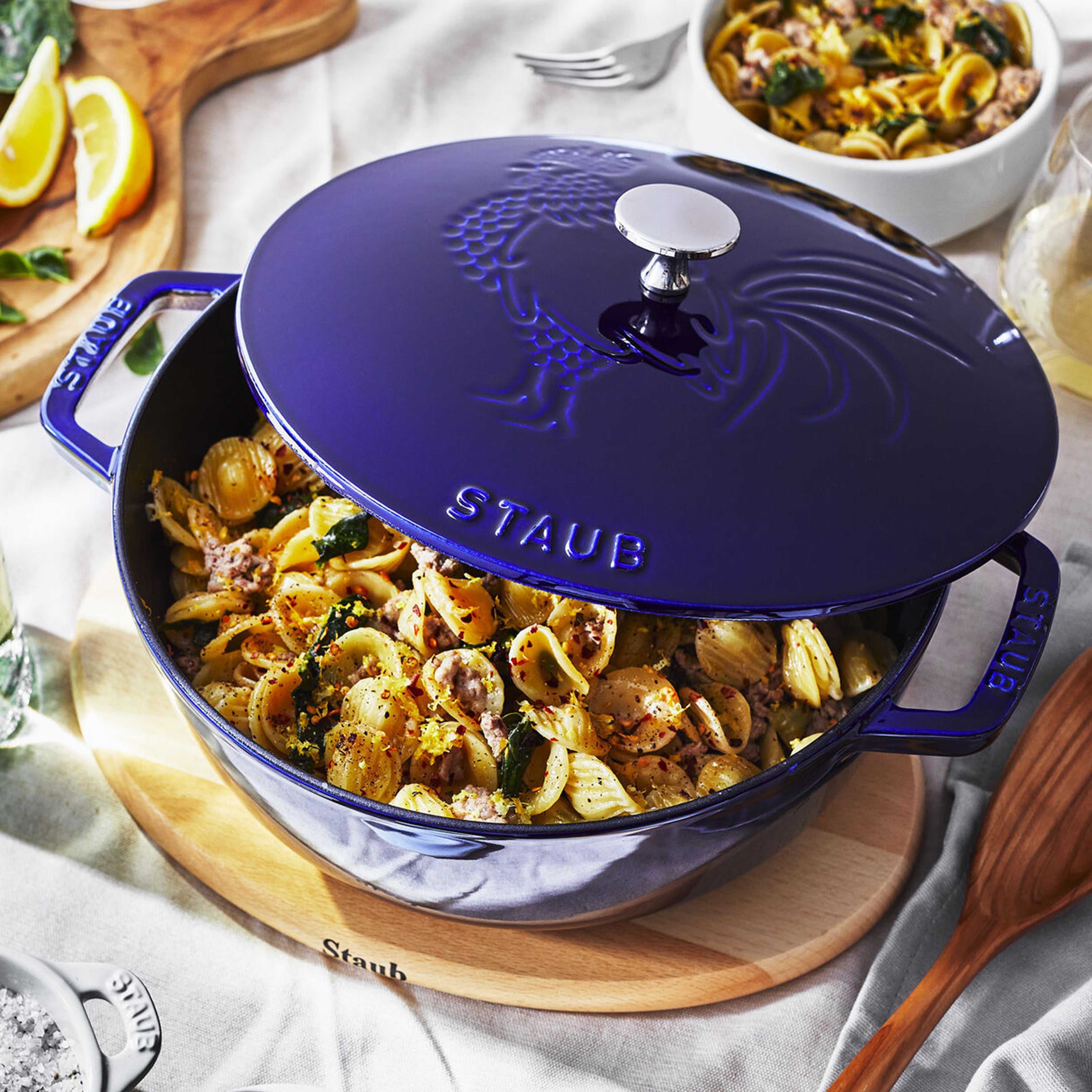 Staub Cast Iron Dark Blue Essential French Oven with Rooster Lid, 3.75-Quart