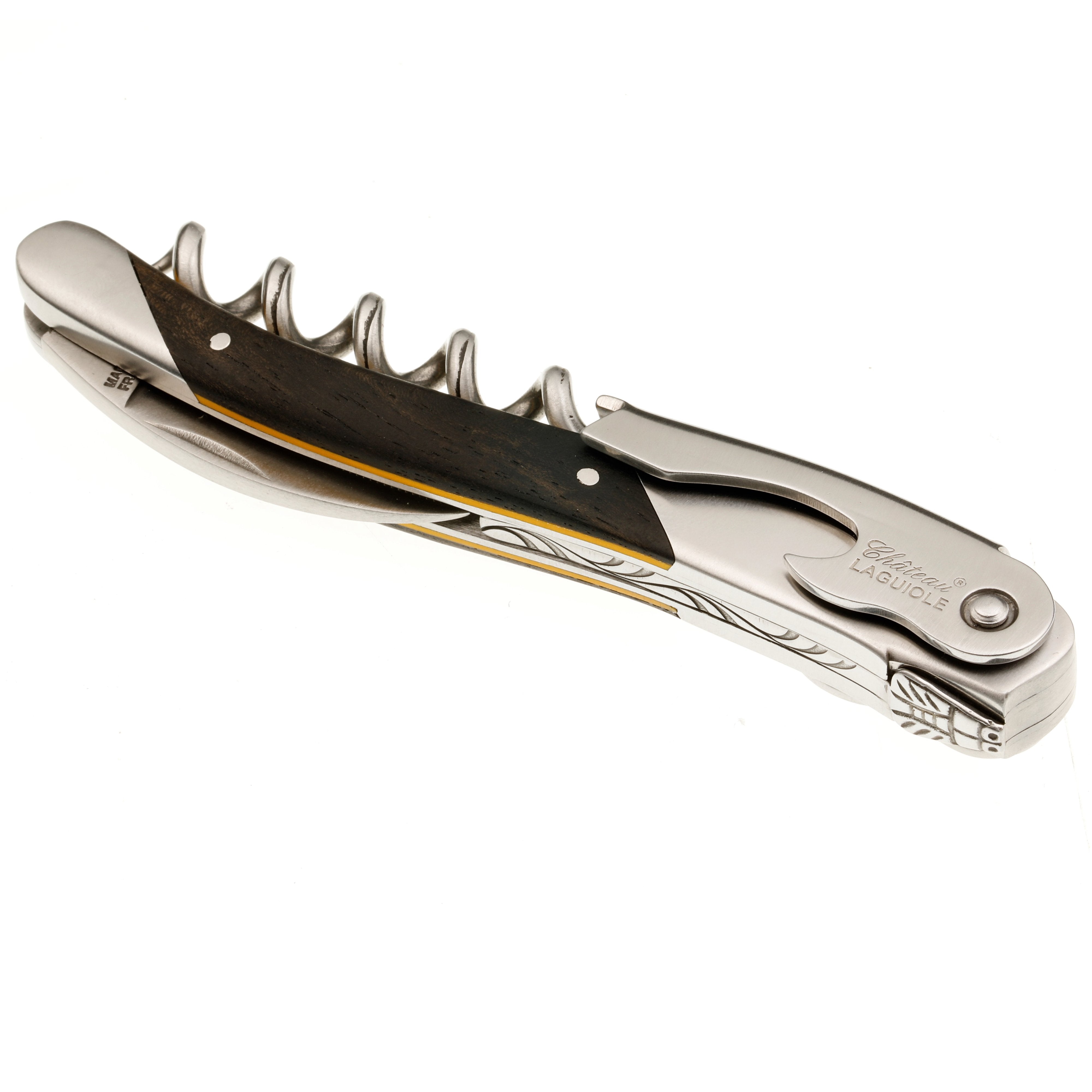 Chateau Laguiole Grand Cru Series Stainless Steel Sommelier Corkscrew with Ebony Wood Handle and Yellow Brace