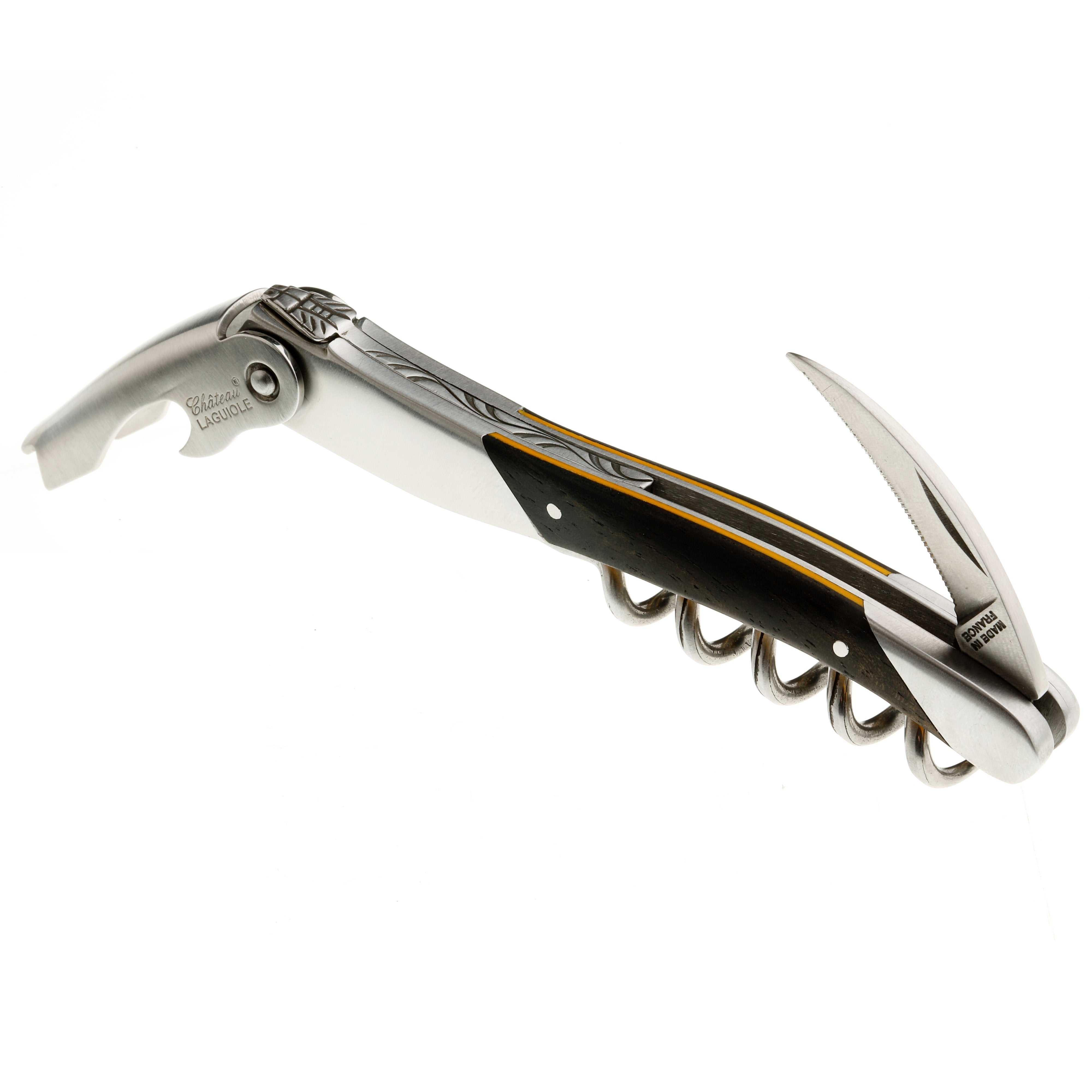 Chateau Laguiole Grand Cru Series Stainless Steel Sommelier Corkscrew with Ebony Wood Handle and Yellow Brace
