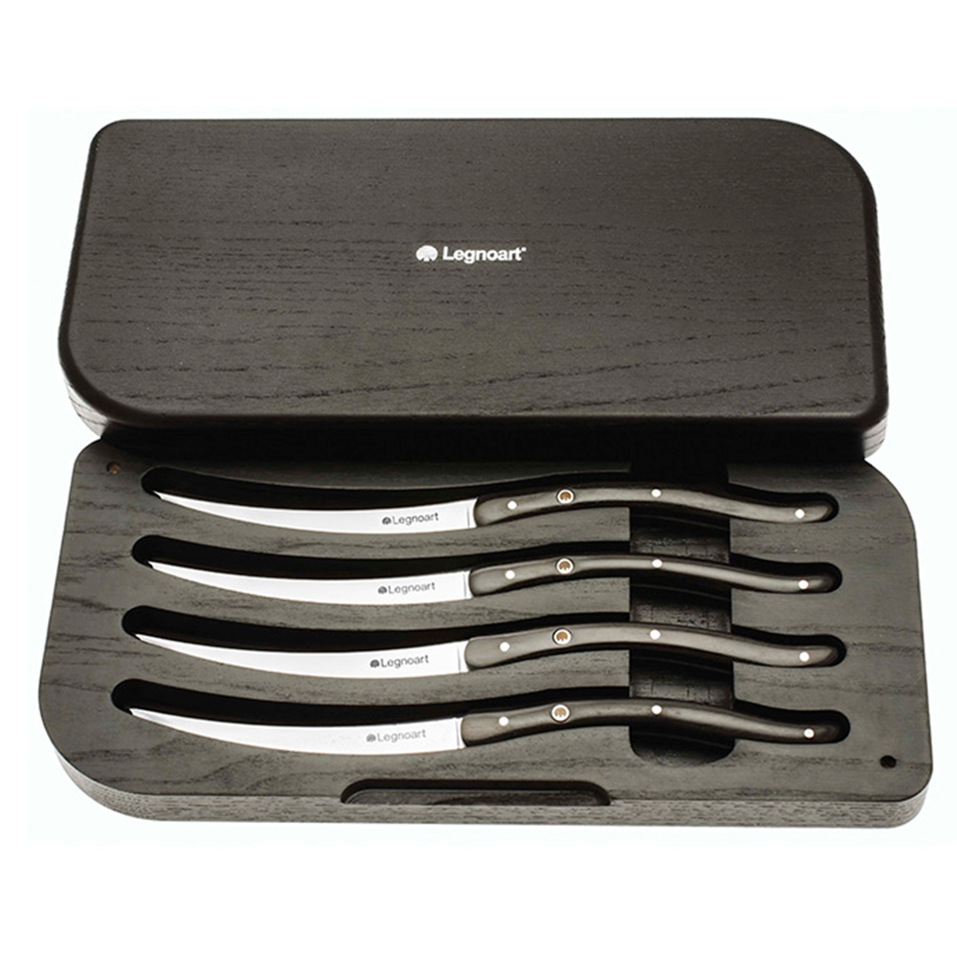 Legnoart Wagyu 4 Piece Steak Knife Set with Dark Wood Handle in Luxury Solid Wooden Box